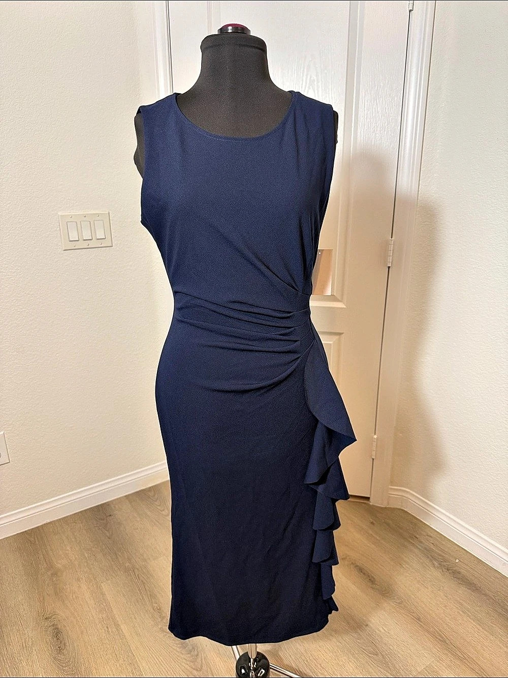 Alexa B Ruched Ruffle Dress Midi Dress in Navy Blue Size 12 NWT
